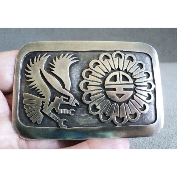 Native American STERLING Silver BELT BUCKLE Eagle SUN FACE Carved Signed SC - Picture 1 of 7